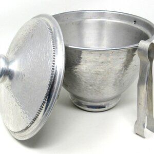 Hammered Aluminum Ice Bucket Gailstyn Vintage USA 9 X 8in Ring Handles Tongs